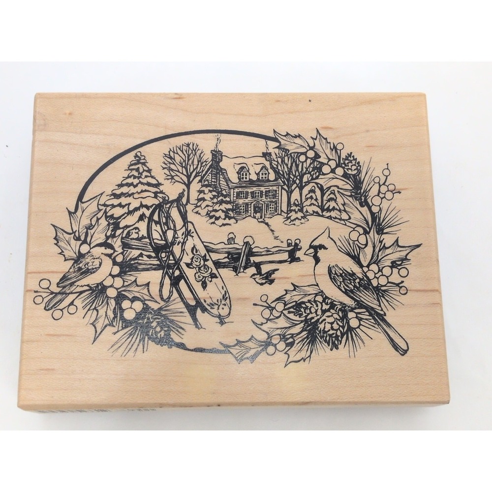 PSX Christmas Rubber Stamp Cardinal Toboggan Pine Snow Covered Cottage K2431